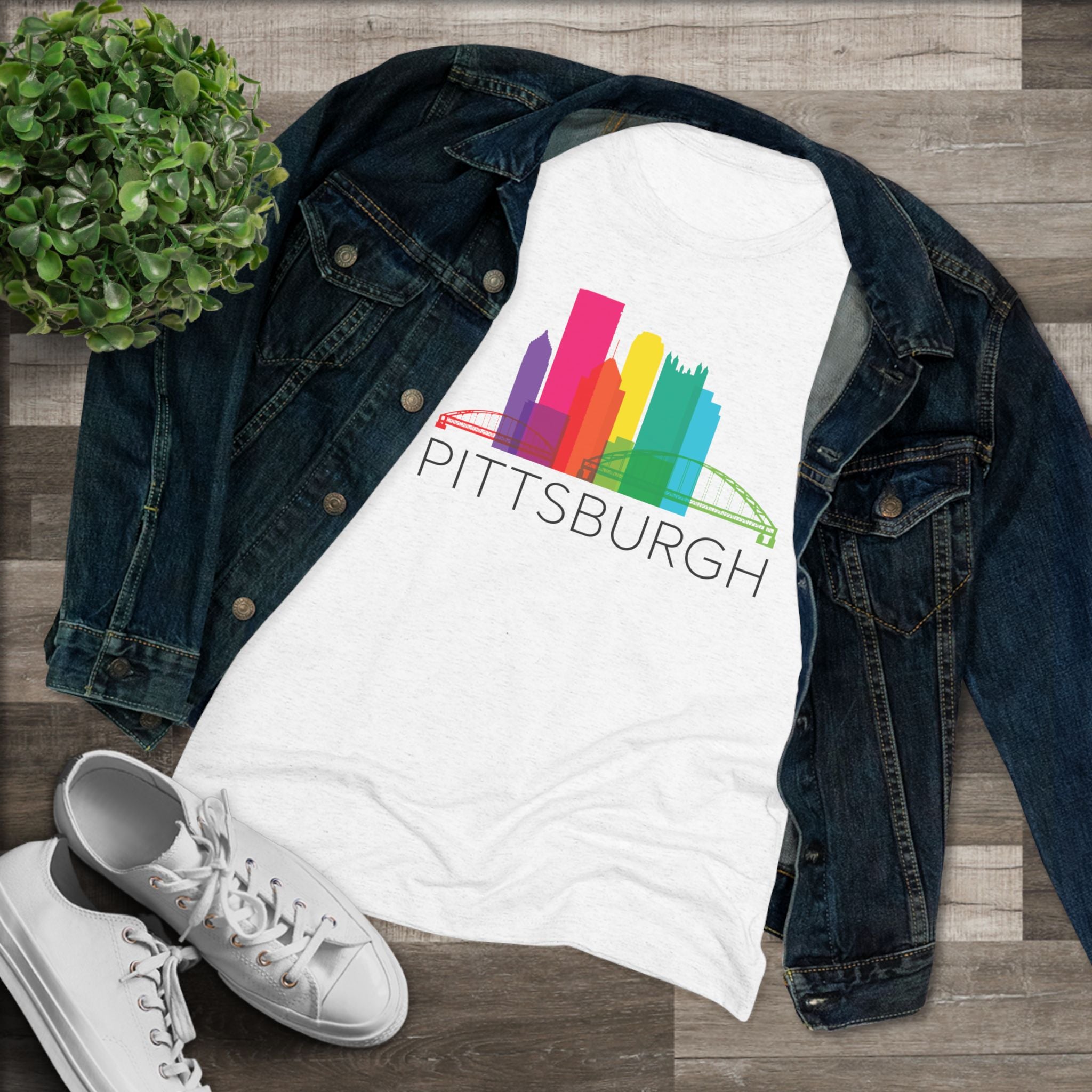 Pittsburgh Rainbow Pop Downtown Skyline Women's Tri-Blend Tee