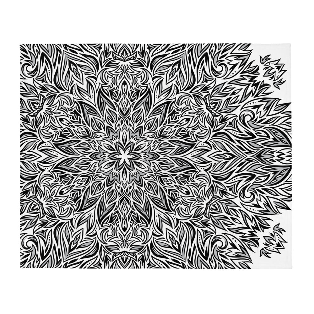 Black and White Leafy Nature Mandala Throw Blanket