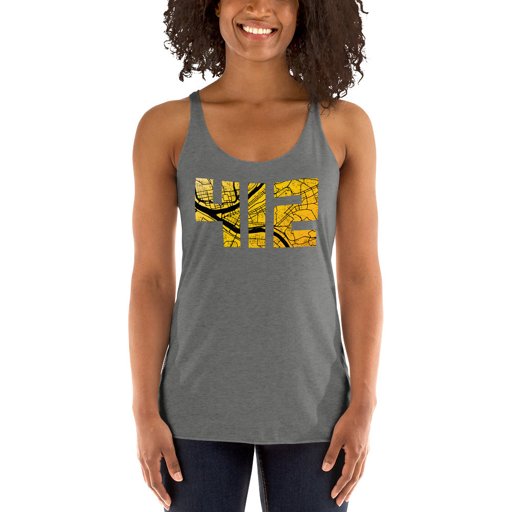 Pittsburgh 412 Map in Black and Yellow Tri-Blend Tank Top